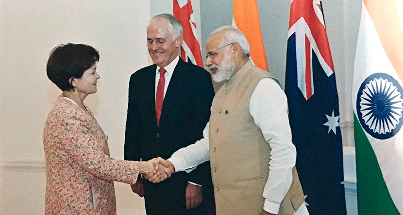 Deakin Vice-Chancellor shaking hands with Australian and Indian Prime Ministers