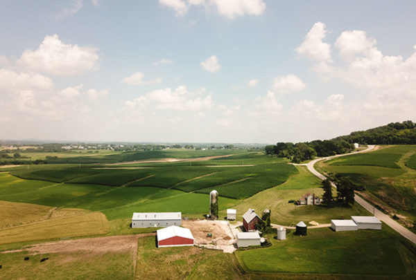 farm houses and fields of green crop