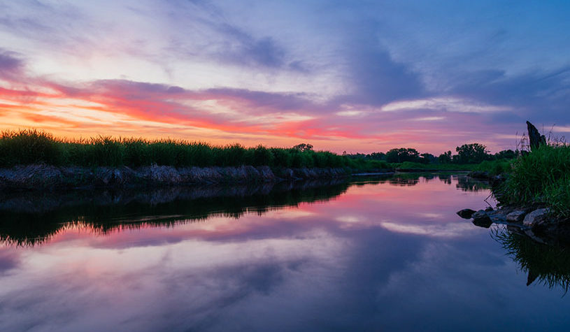 a lake reflecting grass with sunset