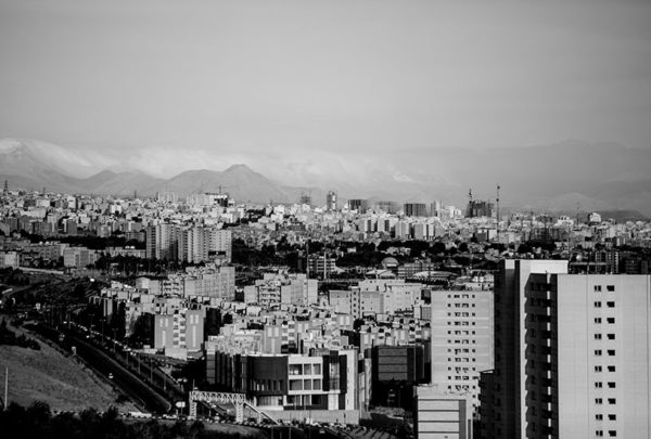 black and white cityscape of Tehran, Iran.