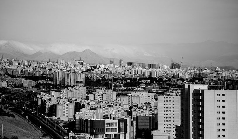 black and white cityscape of Tehran, Iran.