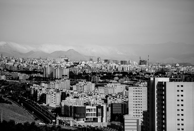 black and white cityscape of Tehran, Iran.