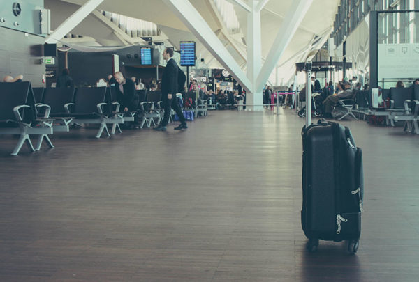 An unattended luggage in an airport lounge.