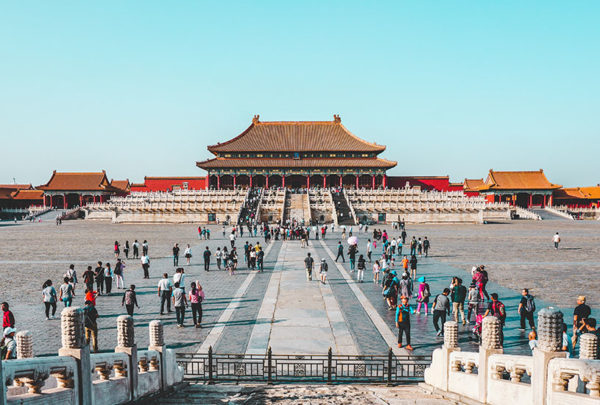 A crowd of people in the Forbidden City, China.