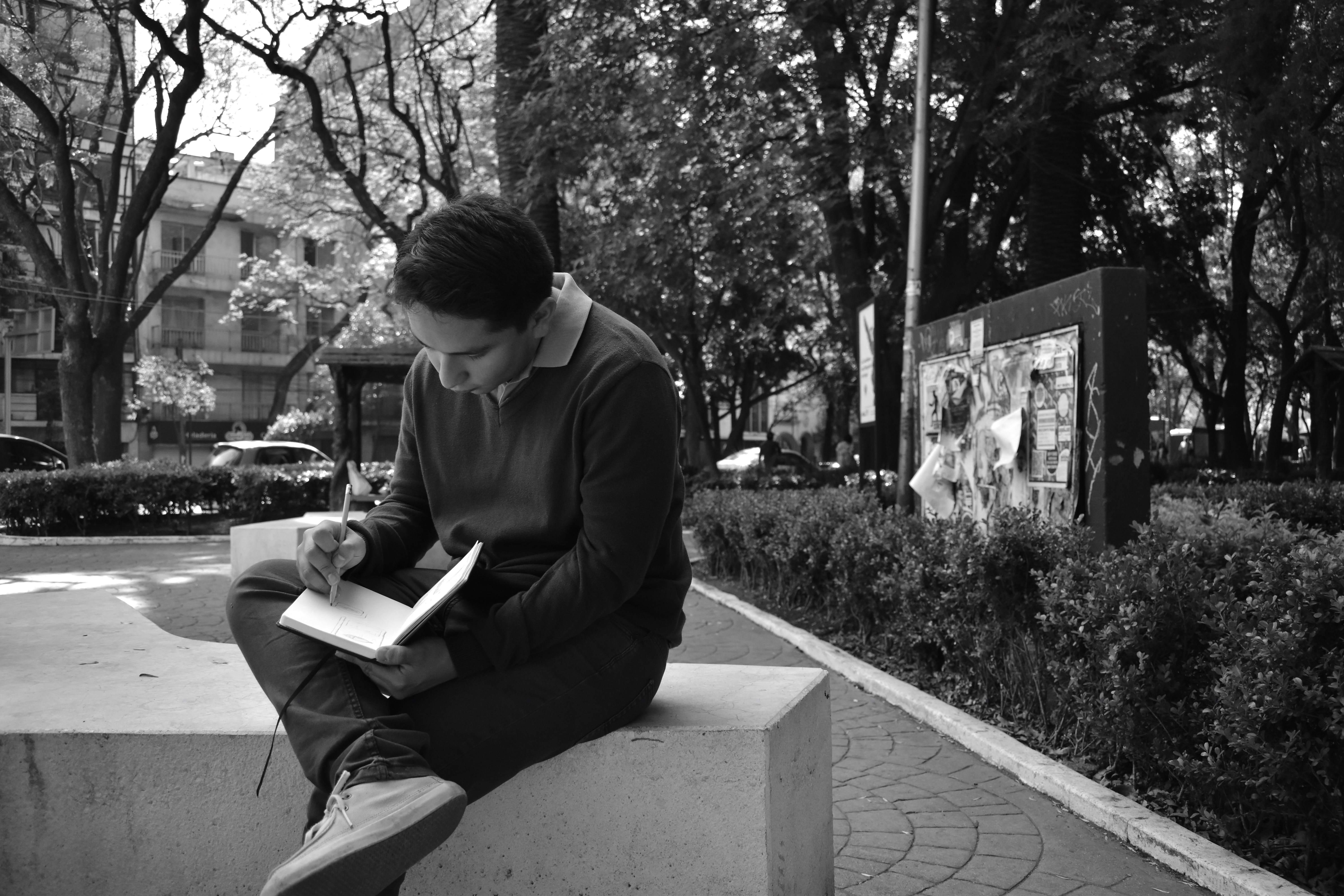 An individual writing in a notebook while sitting in a park.