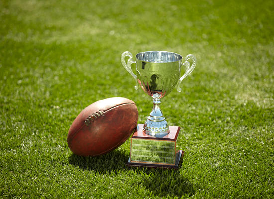 An Australian rules football and a trophy on the grass of an oval.