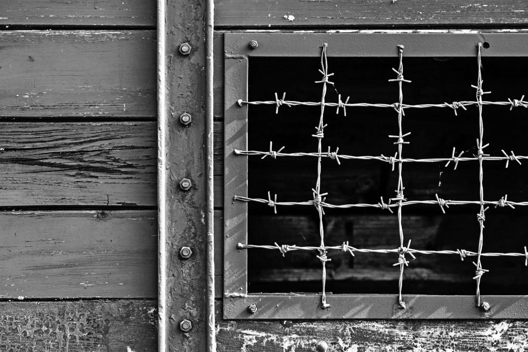 A barbed wire window at the Holocaust memorial in Croatia.