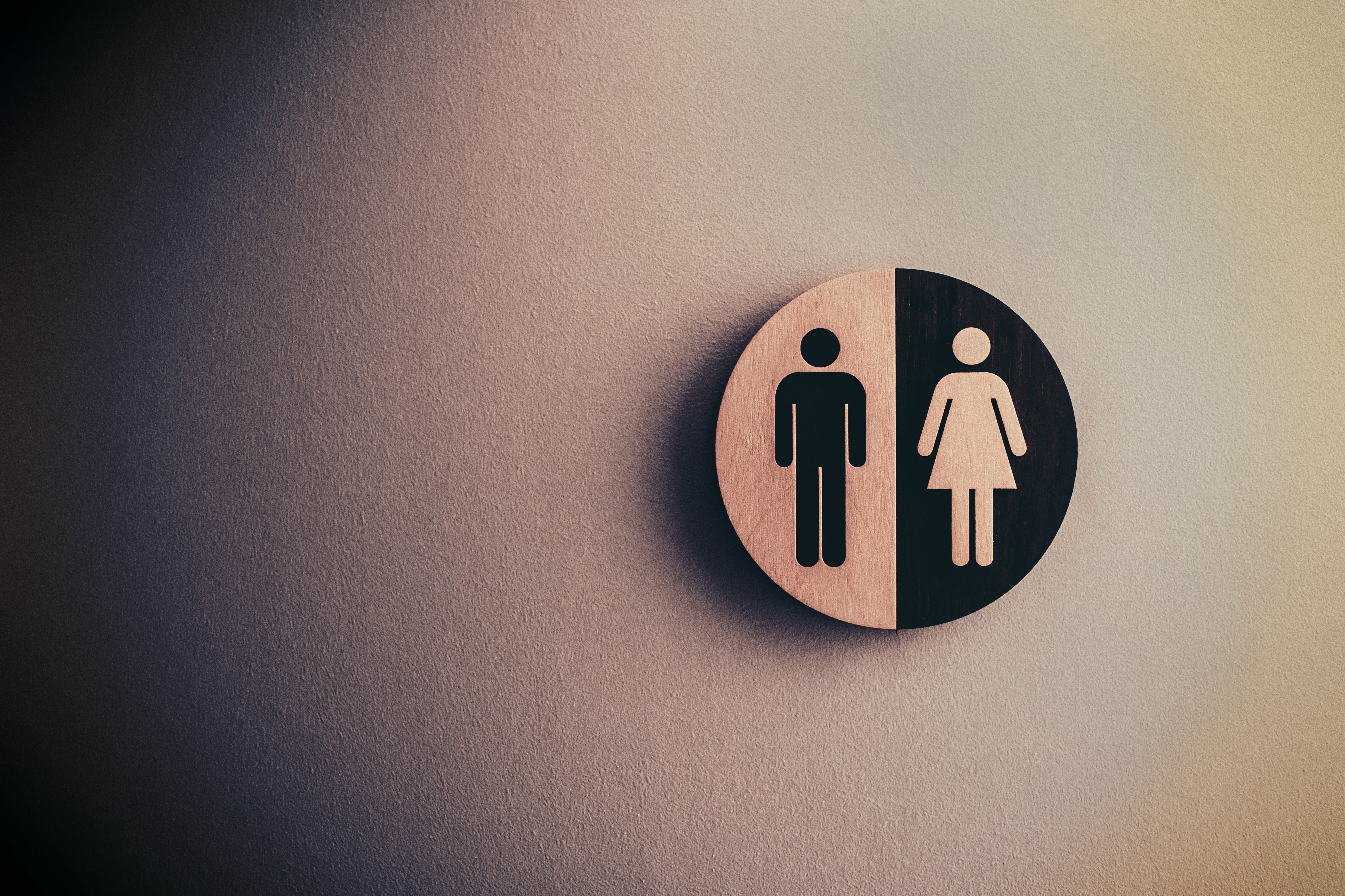 A sign with the universal symbols for male and female hanging on the wall.