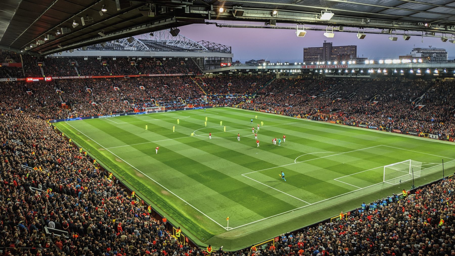 A wide image of Old Trafford, the home ground of Manchester United Football Club in Manchester, England.