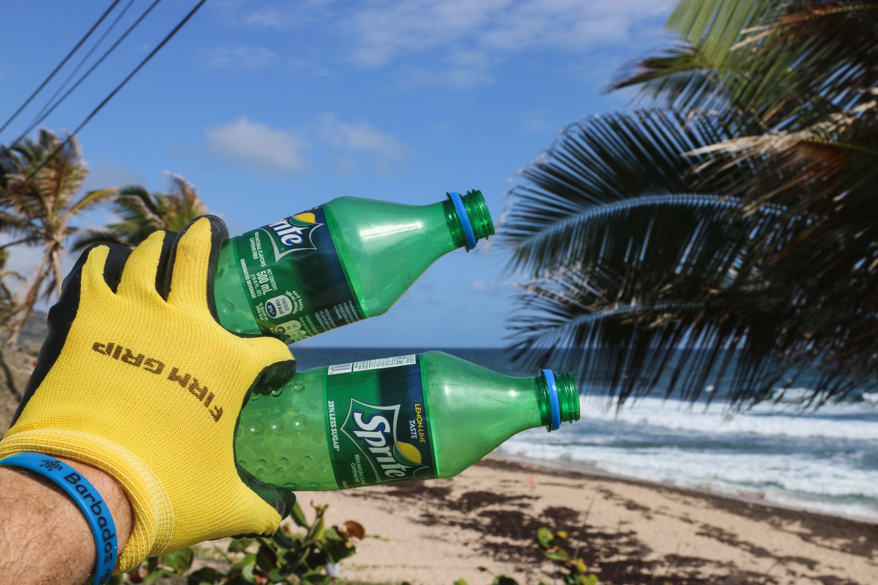 A pair of single use plastic bottles found during a beach cleanup in Barbados.