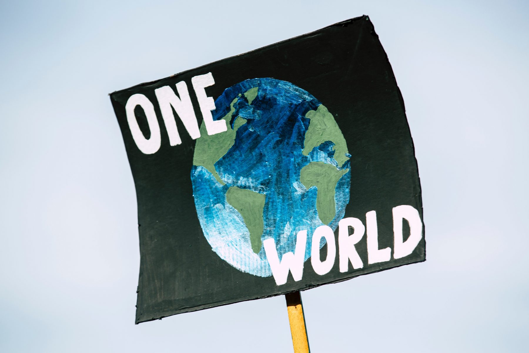 A placard at a climate protest that says "One World" with an image of the Earth in the background.