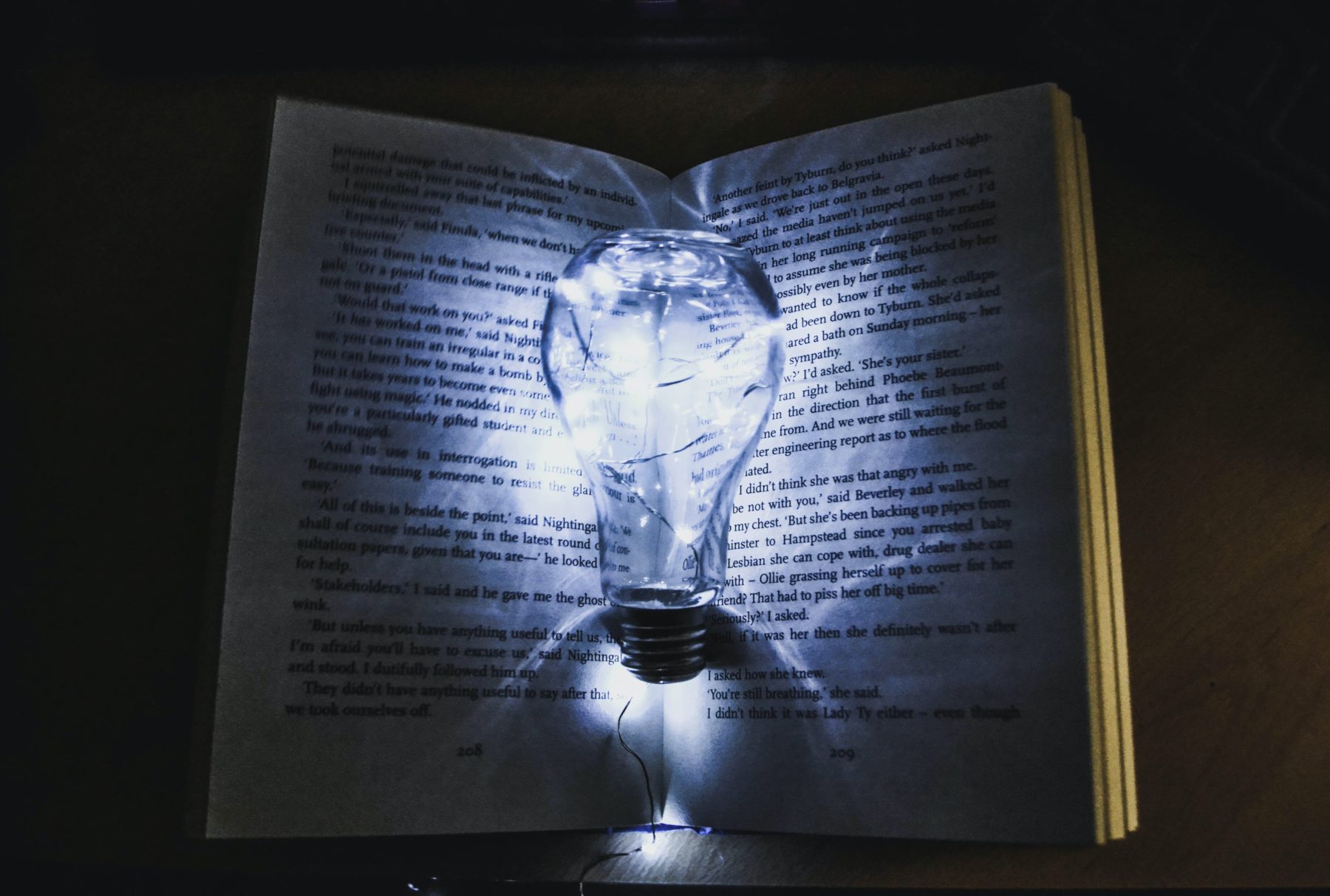 Image of a light bulb sitting between the pages of a book 